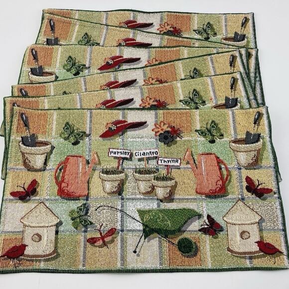 Placemats Set 6 Herb Garden Theme Bird Butterflies Red Hat Park B Smith Tapestry - Picture 10 of 10